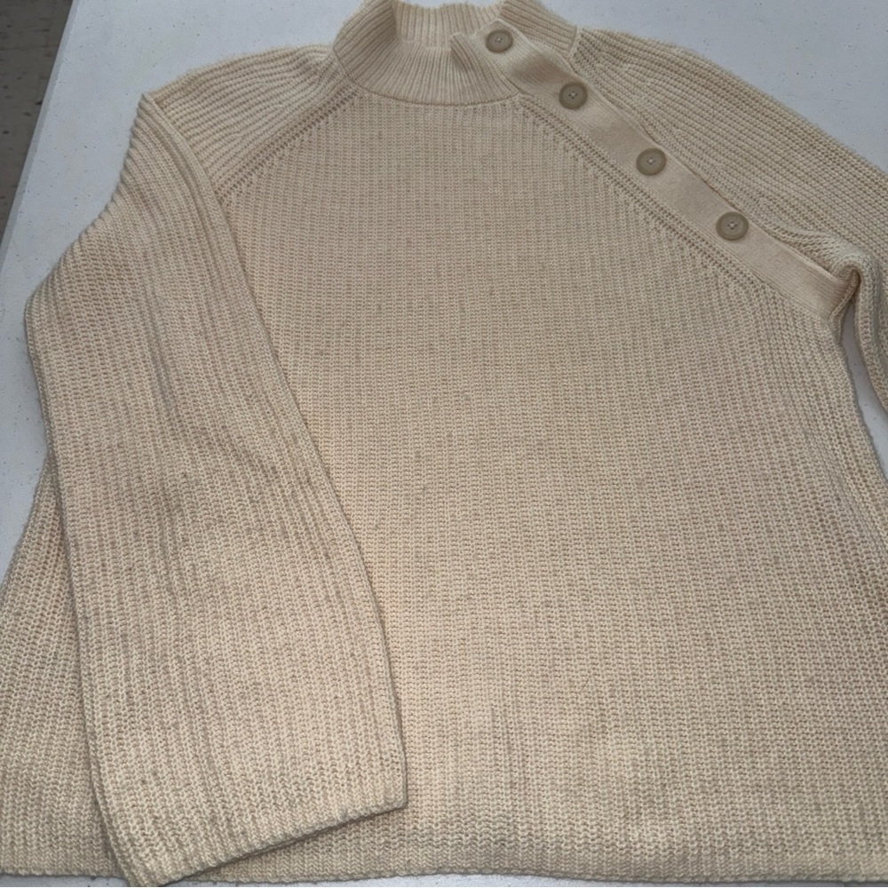 LOFT Cream Button-Accent Turtleneck Sweater